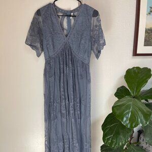 PinkBlush Blue Lace Mesh Overlay Maternity Maxi Dress